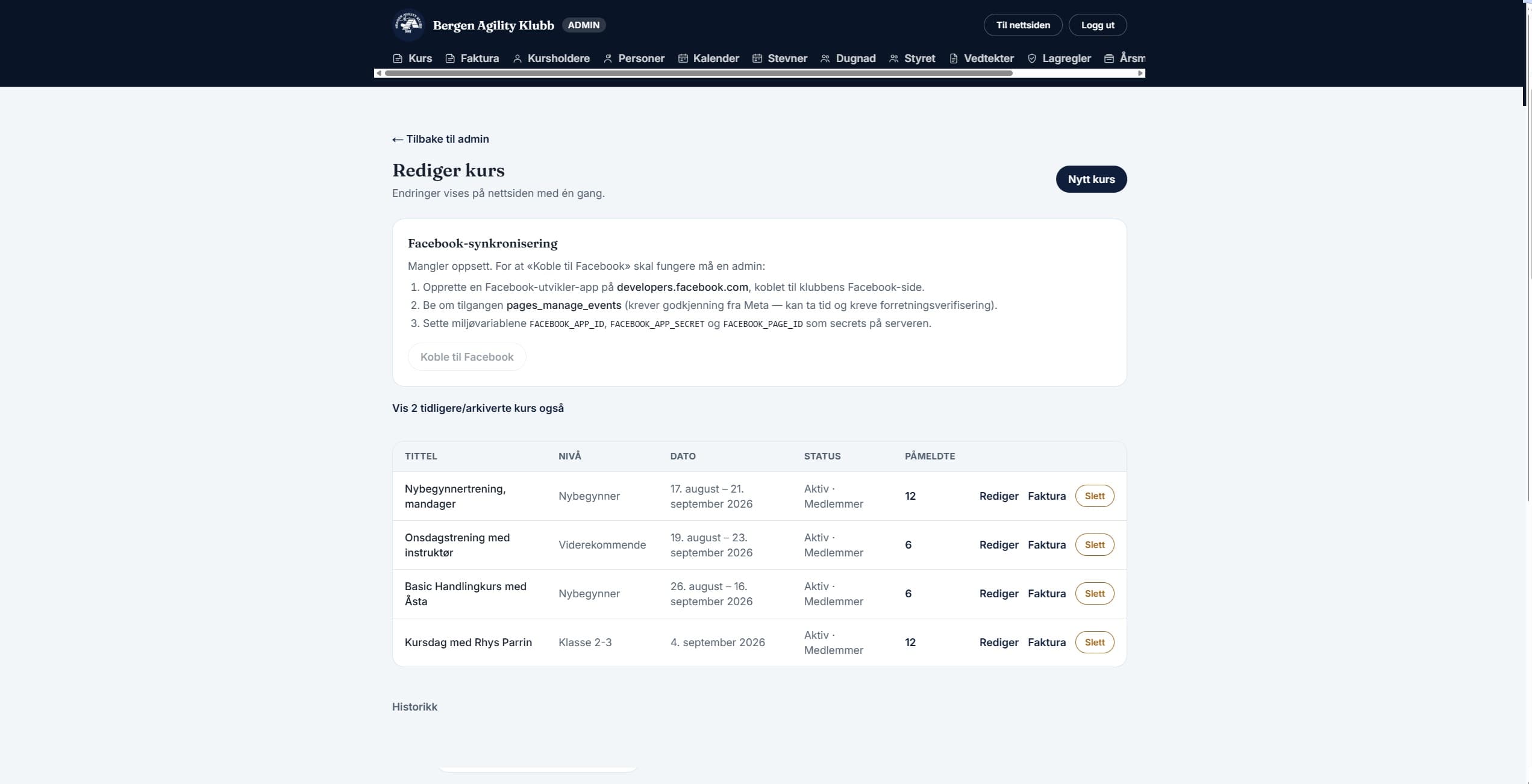 Courses are managed from the same place they are shown. The board sees sign-ups, status and invoicing per course, and a change is live on the website immediately.