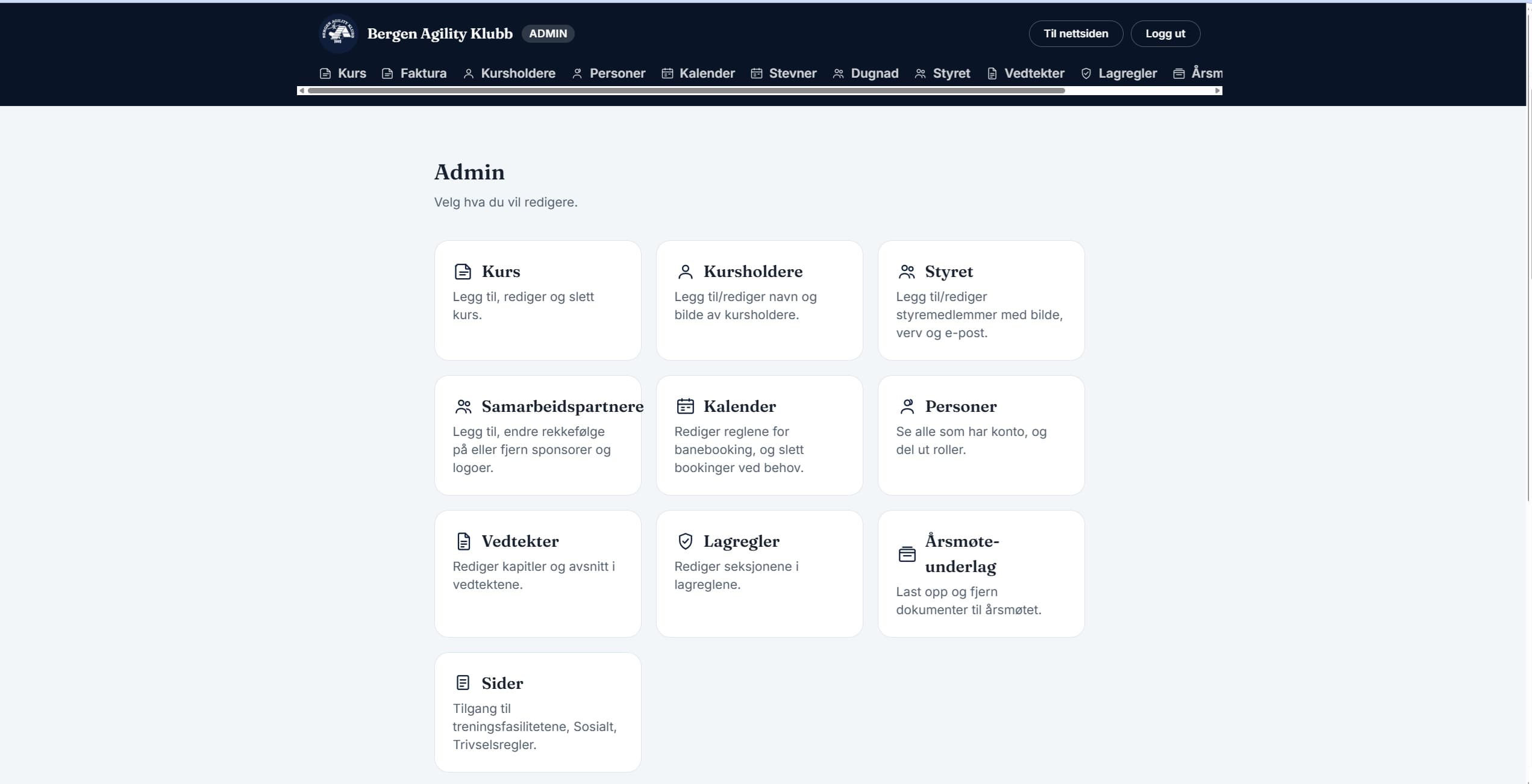 The admin the board runs itself. Courses, calendar, competitions, volunteer rotas, statutes and AGM documents sit in one menu, with no one having to log into five systems.