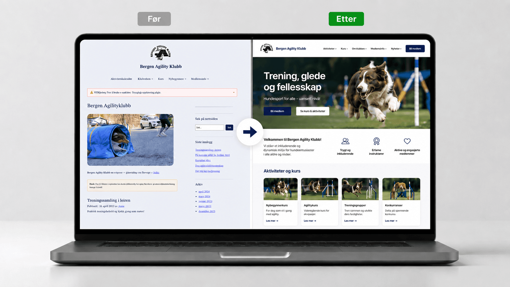 The old site on the left, the new one on the right. Same club and same content, but now with courses, calendar and member pages that hang together.